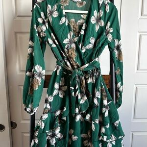 Papaya Emerald Green Floral Wrap Dress with Tie Waist